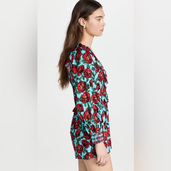 ALICE + OLIVIA Kami Blouson Sleeve Deep V Ruffle Romper in Beach Bliss Aqua (D9) - Picture 3 of 11